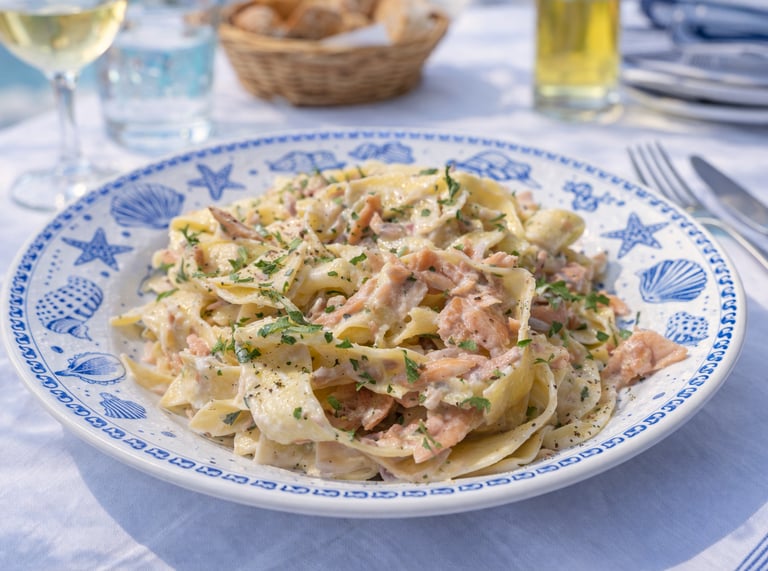 Creamy salmon tagliatelle pasta served on a blue nautical plate at an outdoor seaside table.