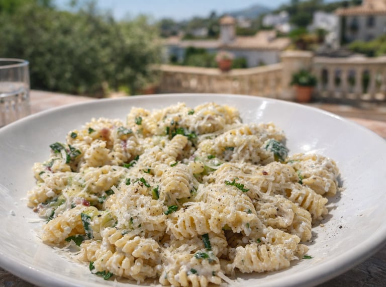Creamy radiatori pasta with parmesan cheese and herbs served on a sunny terrace in Italy.