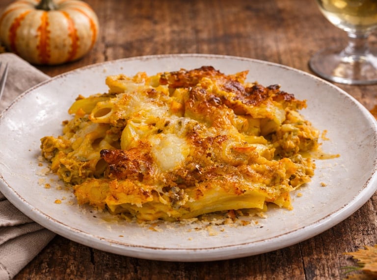 Baked pumpkin pasta casserole with melted cheese on a plate with fall decor and white wine.