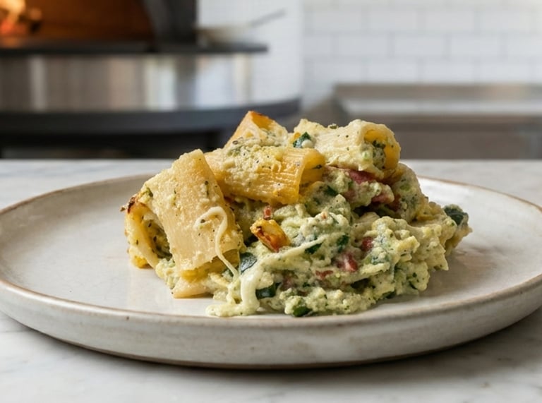 Baked rigatoni pasta with creamy pesto sauce and melted cheese on a marble table.