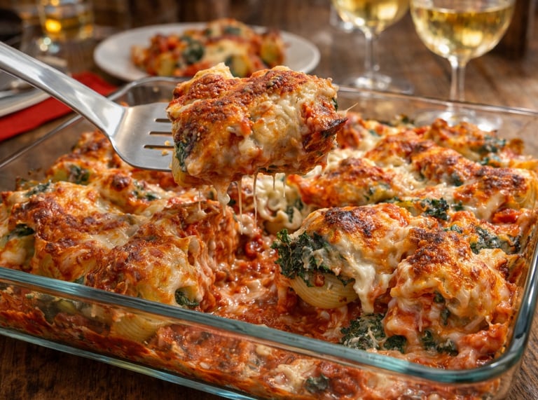 Baked stuffed pasta shells with ricotta, spinach, and melted mozzarella cheese in a glass baking dish.