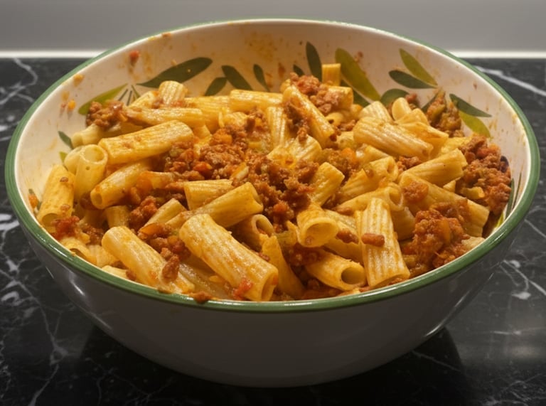 A ceramic bowl filled with rigatoni pasta tossed in a hearty meat bolognese sauce on a black marble surface.