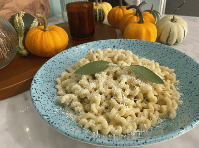 Creamy pumpkin pasta with parmesan cheese and fresh sage leaves on a blue speckled plate.