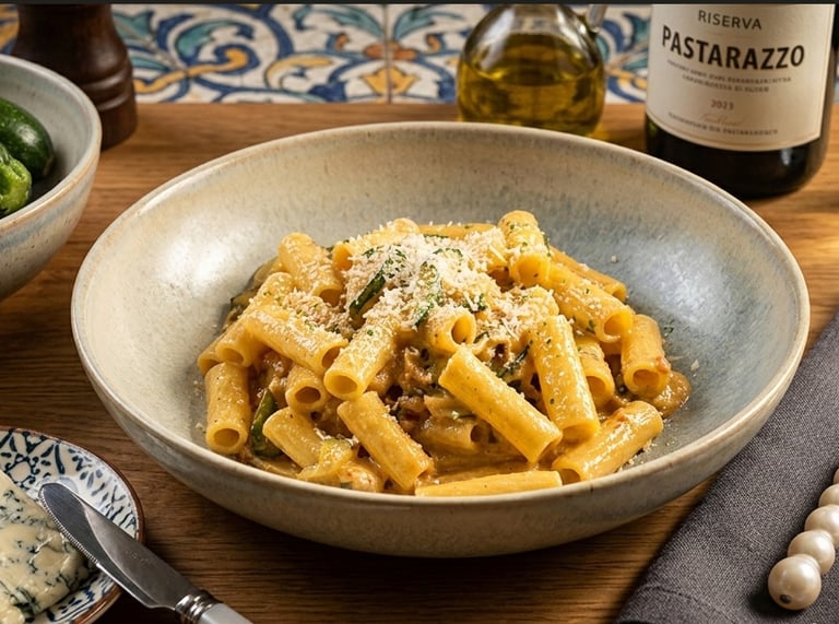 Creamy rigatoni pasta with zucchini and parmesan cheese served in a ceramic bowl on a rustic table.