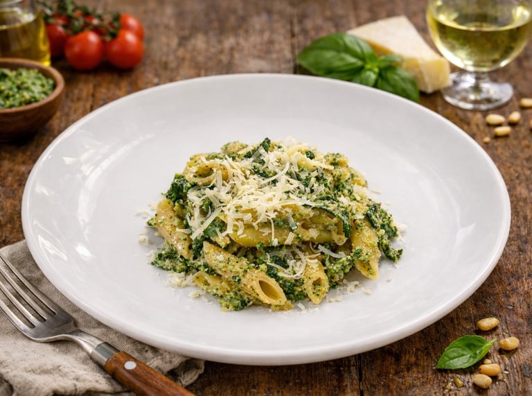 Penne pasta with basil pesto and parmesan cheese on a white plate with white wine and pine nuts.