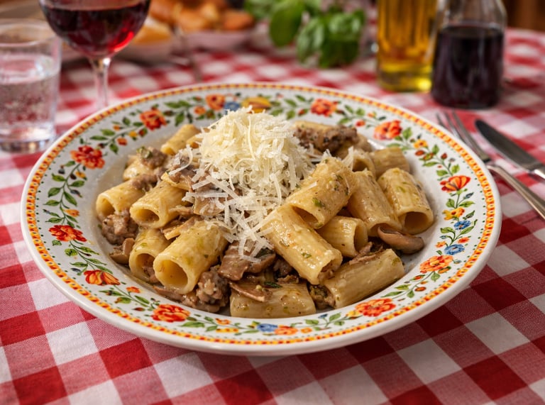 A plate of rigatoni pasta with mushrooms, sausage, and grated parmesan cheese on a red checkered tablecloth.