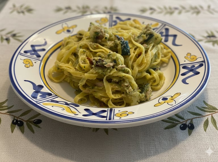 Fresh fettuccine pasta with zucchini, tuna, and pesto sauce served on an ornate Italian ceramic plate.