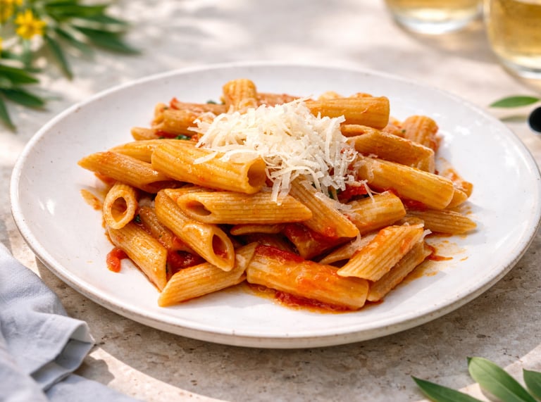 A plate of penne pasta with tomato sauce topped with freshly grated parmesan cheese.
