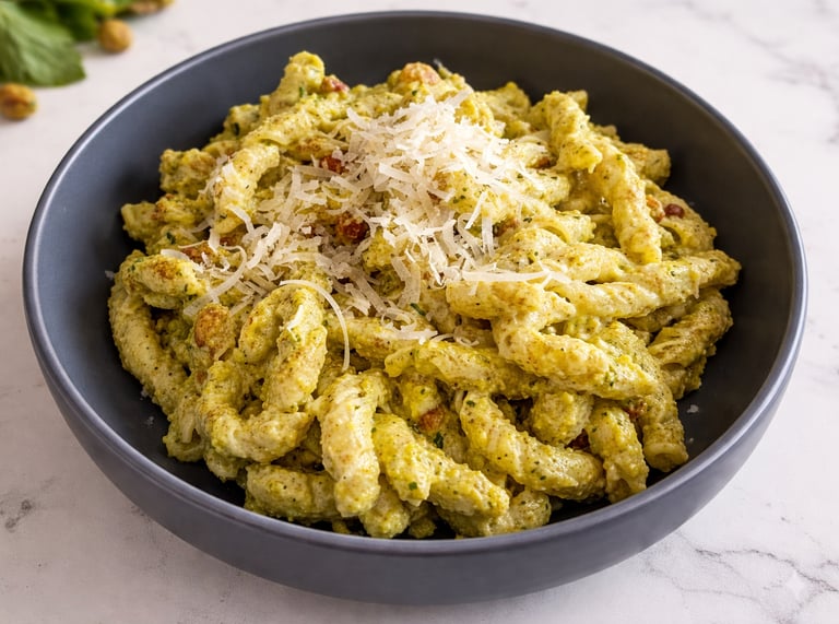 Creamy pesto busiate pasta topped with grated parmesan cheese in a dark bowl on a marble surface.