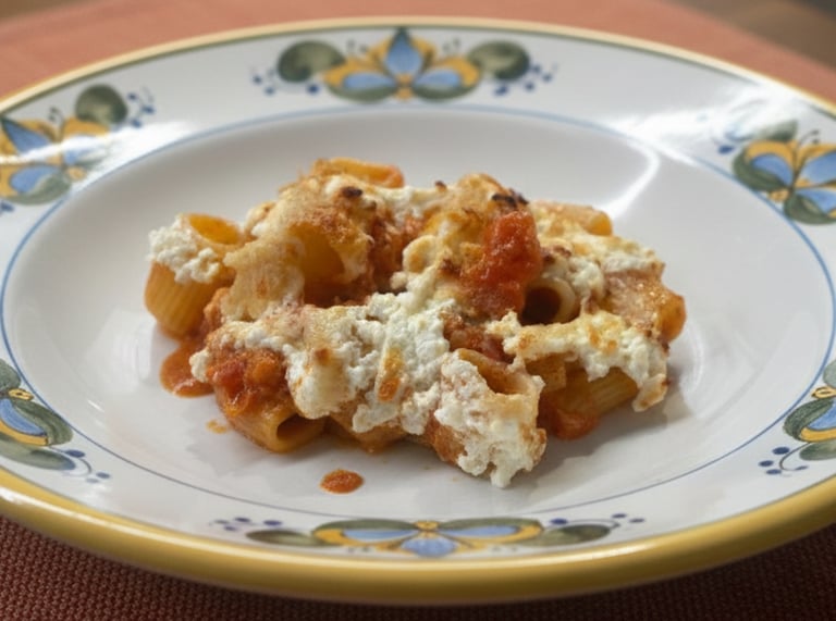 Baked rigatoni pasta with tomato sauce and melted ricotta cheese on a decorative Italian ceramic plate.