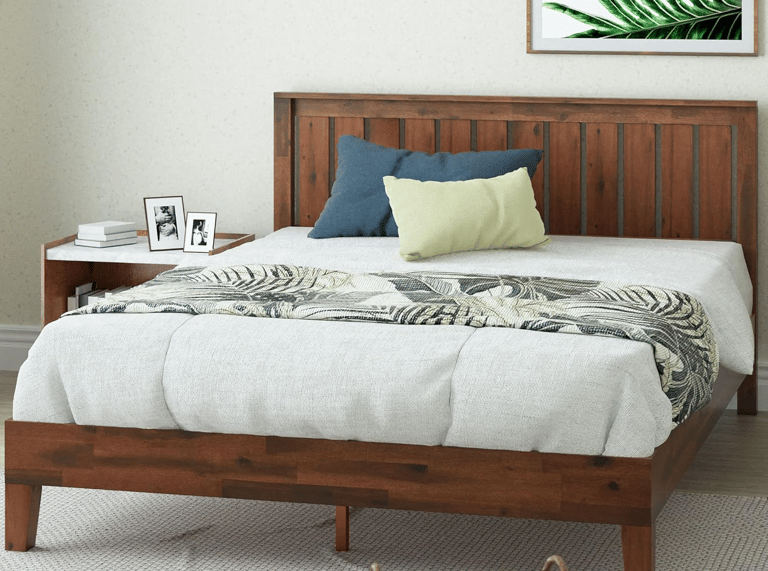 Bedroom interior featuring ZINUS Vivek Deluxe Bed Frame with wooden slat support