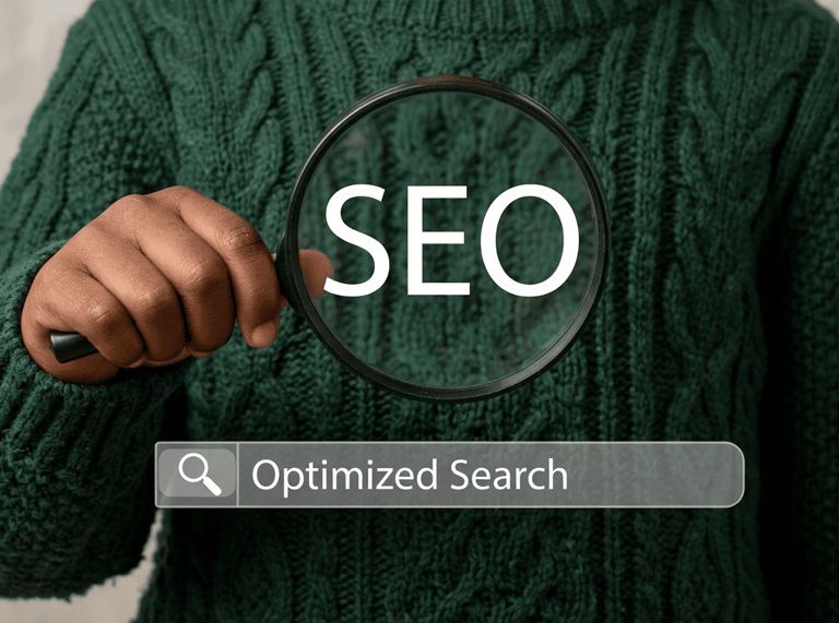 Hand holding a magnifying glass over the word SEO with an optimized search bar overlay.