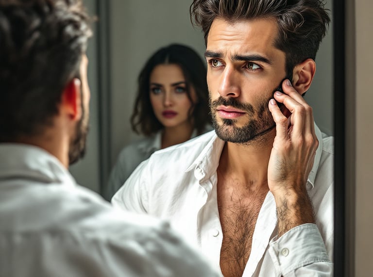 a man in a white shirt is looking at his reflection in the mirror