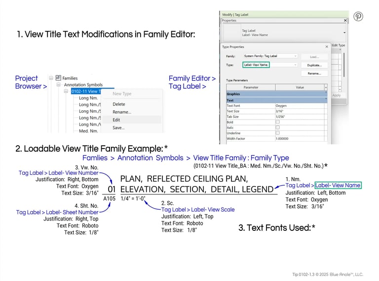 Tip 0102-1.3, Revit images explaining the text modification of a View Title Family