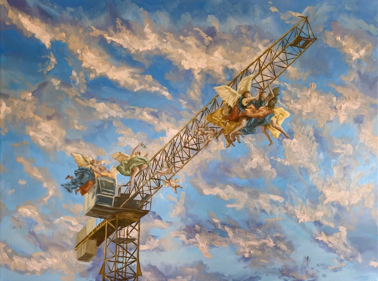 a painting of a craned crane with a sky background