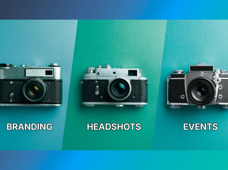 three cameras and under each camera says branding, headshots, and events