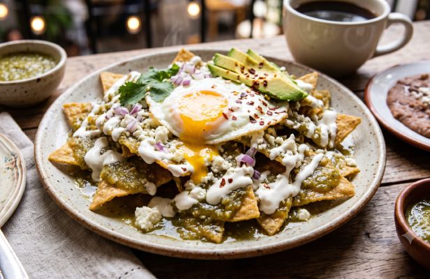Chilaquiles verdes con crema y queso, acompañados de huevo estrellado.