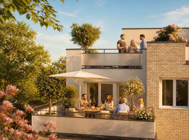 Grande terrasse d’un appartement de la Résidence Les Ricochets II avec vue dégagée et cadre verdoyan