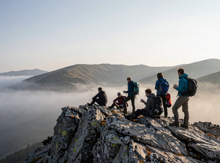 Wide environmental frame, a small group of hikers stopped on a rocky ridge in early morning light, one figure seated eating from a tin cup, mist in the valley below, no faces visible, calm overcast sky, Balkan mountain terrain