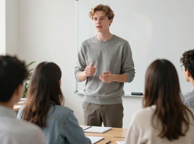 A confident young student presenting ideas in a small group setting.