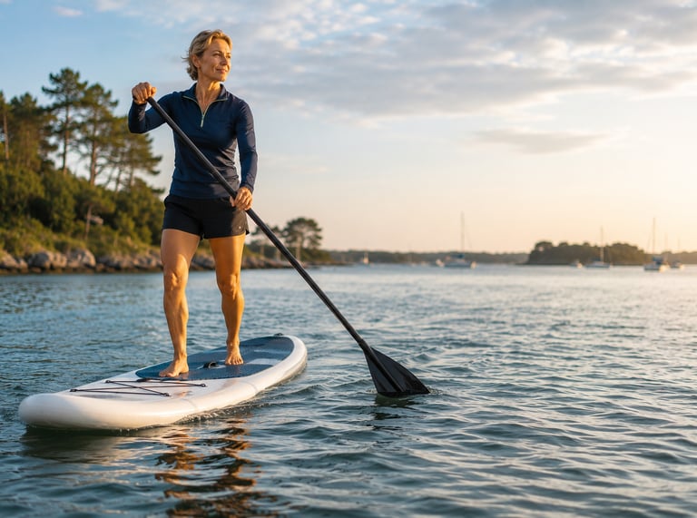 Femme active de 55 ans pratiquant le paddle près de Port-Navalo dans le Golfe du Morbihan.