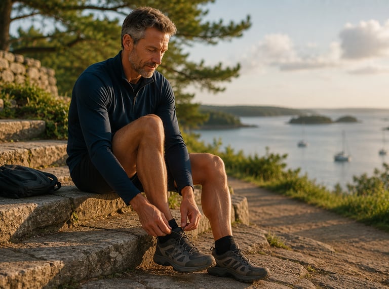 Homme de 50 ans enfilant ses chaussures avant une marche sur la côte du Golfe du Morbihan.