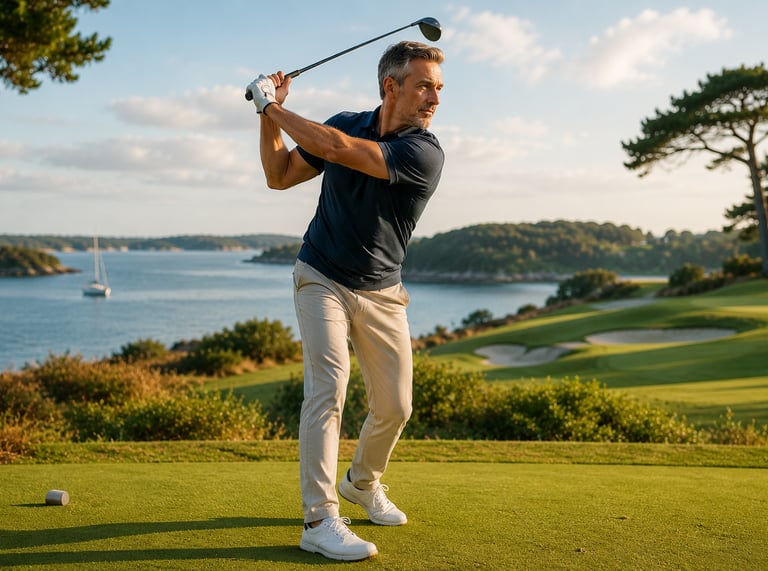 Mobilité des hanches après 40 ans lors d'un swing de golf sur la côte du Golfe du Morbihan.