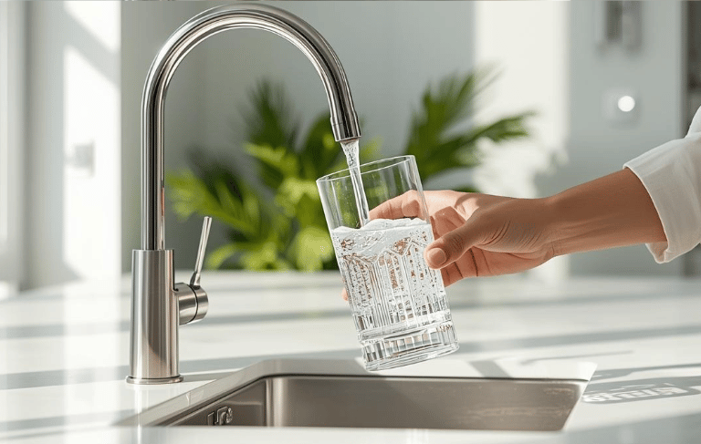 Person filling glass with clean filtered water from kitchen faucet