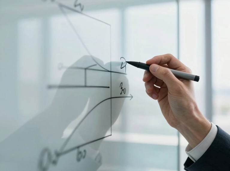 Close-up of professional hands writing technical diagrams on a glass whiteboard, bright office daylight, clean professional cool tones, 35mm