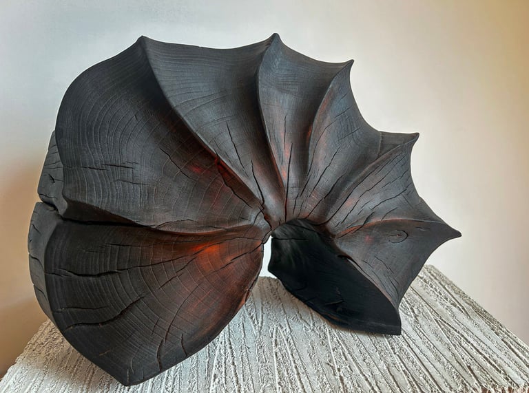 Marine sculpture. Wood sculpture. Laurence Moracchini. Wood carving Brighton. Artist