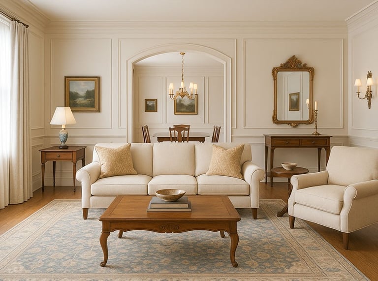 Traditional living room and dining room with neutral tones and classic furniture by Solo Home Decor.