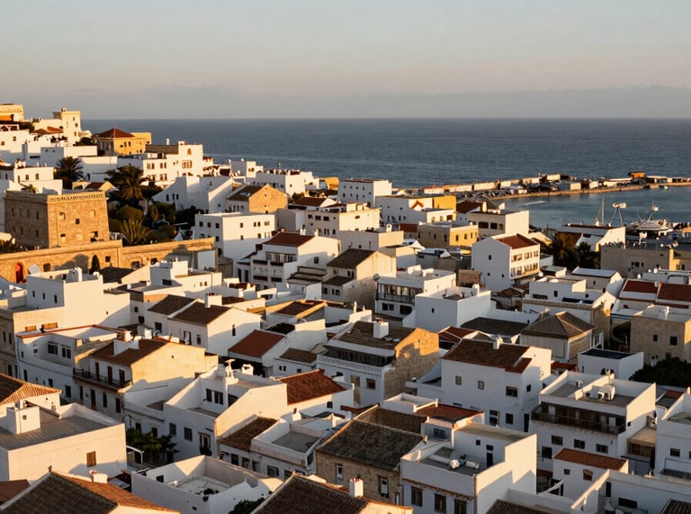 Wide panoramic aerial view of Tangier's coastal neighborhoods at golden hour, dense white-walled medina rooftops cascading toward the Mediterranean, the port visible in the far right third, warm amber light raking across terracotta tiles, expansive sky above