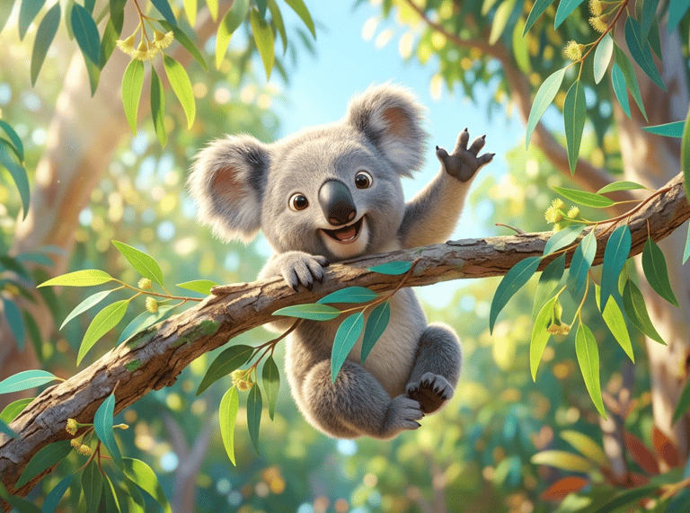 A cute cartoon koala waving while hanging from a eucalyptus tree branch in a sunny forest.
