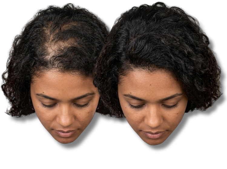 Before and after comparison of a woman's scalp showing effective SMP treatment.