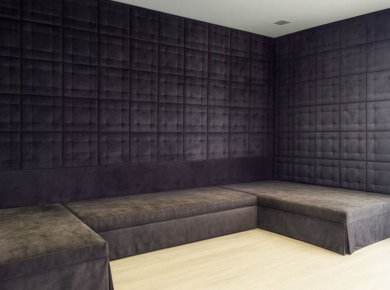 Modern corner design with custom upholstered wall panels and matching L-shaped seating in dark fabric by Solo Home Decor.