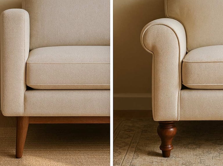 Side-by-side comparison of mid-century tapered sofa legs and rolled-arm transitional sofa design, showing detail and light in