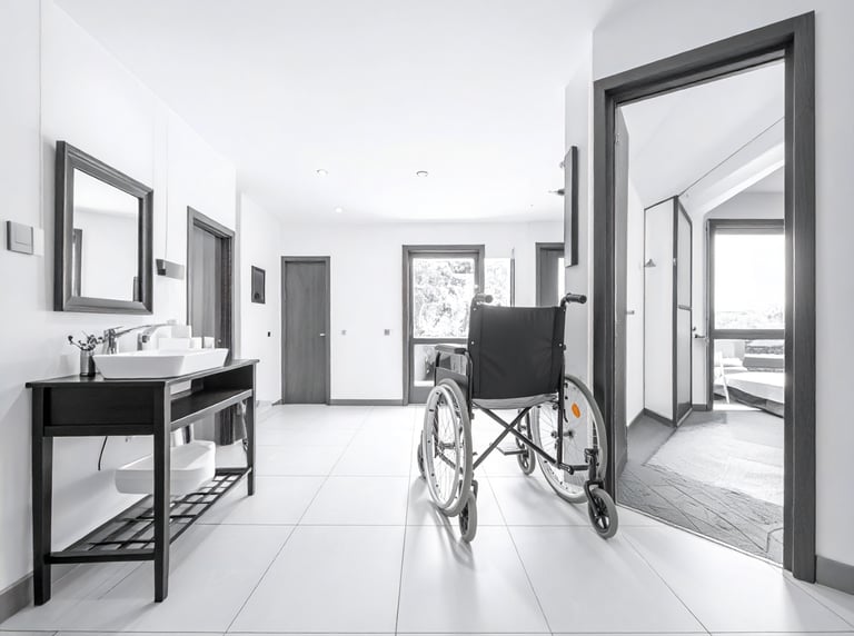 a wheelchair positioned outside a bathroom of a supported living home 