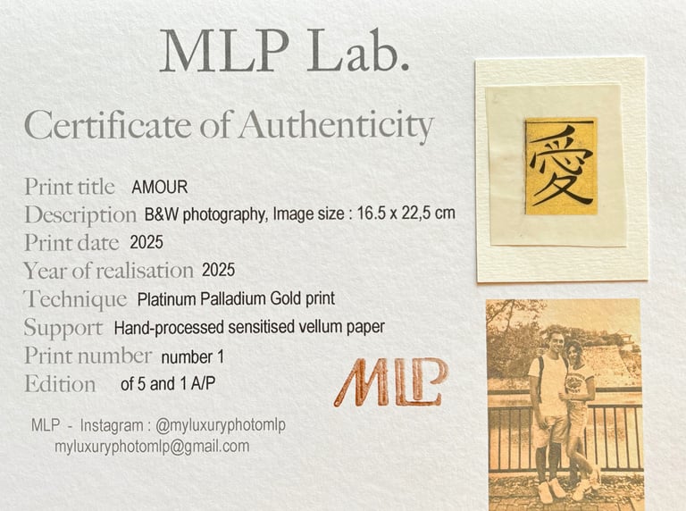 a certificate of Authenticity of a Gold and Platinum print