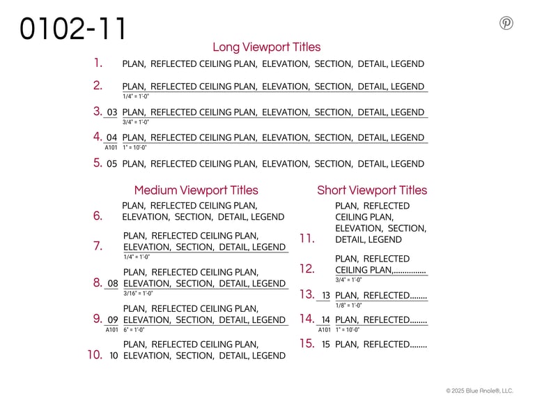 Illustration showing 15 options of Blue Anole’s Revit Viewport/View Title Family 0102-11.