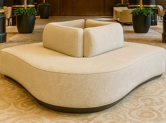 Unique wave-shaped banquette with plush beige upholstery and layered backrests, custom designed by Solo Home Décor.