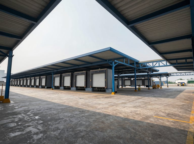 A wide-angle, low-angle shot of a massive, organized logistics terminal. The steel blue metal structures of the loading docks frame the shot, while the stone-colored floor is pristine. Soft, diffused natural light highlights the sophistication of the operation.