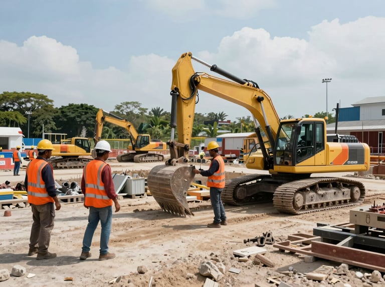 Wide environmental shot of an active infrastructure project in Johor Bahru, workers in high-visibility orange vests and hard hats operating machinery under bright, natural daylight, high contrast.