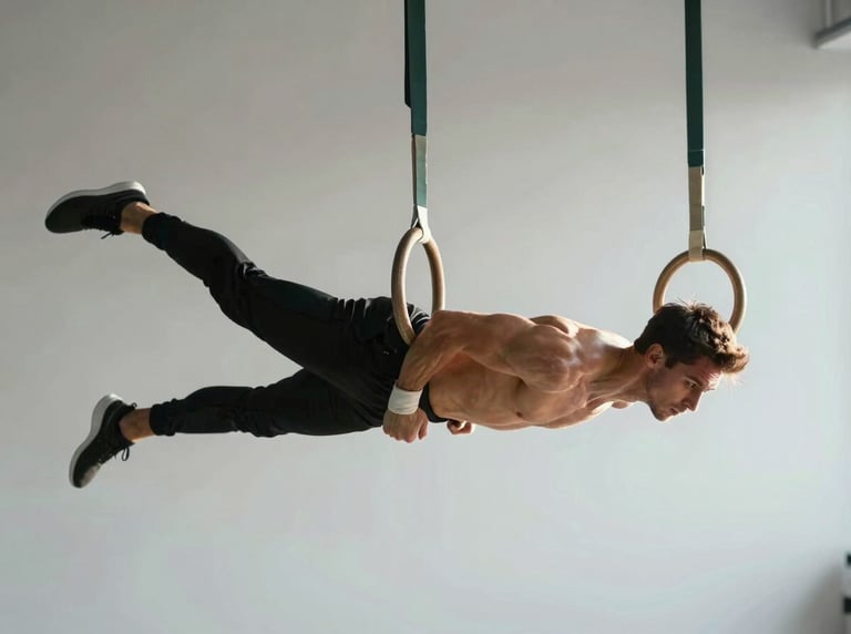 Dynamic side-lit shot of an athlete suspended on rings, high-contrast natural light highlighting muscle definition and joint alignment, clean minimalist studio background.