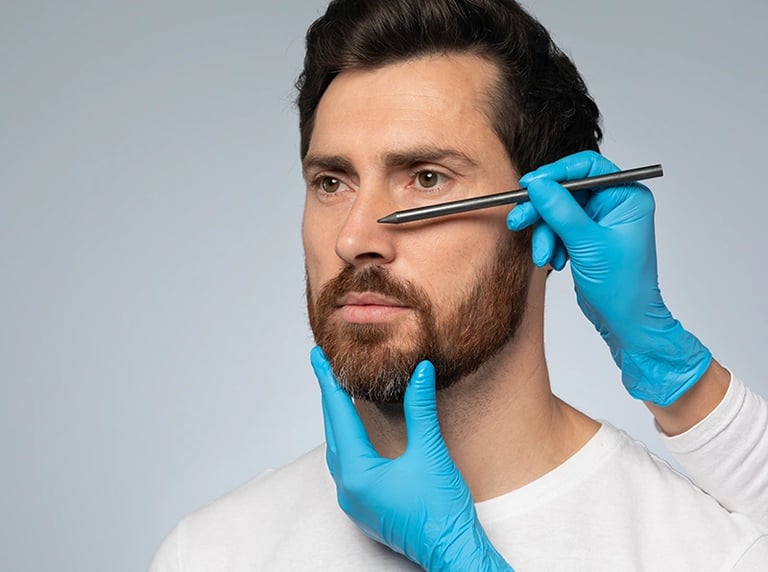 Wireframe nose on man's face, gloved hand touches, symbolizing surgical planning.