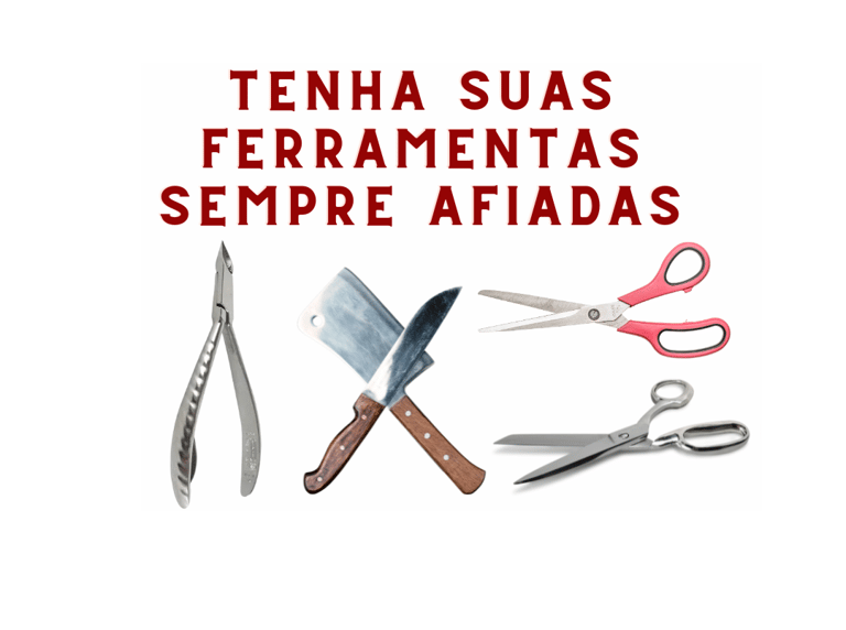um cartaz com um alicate um cutelo uma faca e duas tesoura, iten que o joel faz afiação