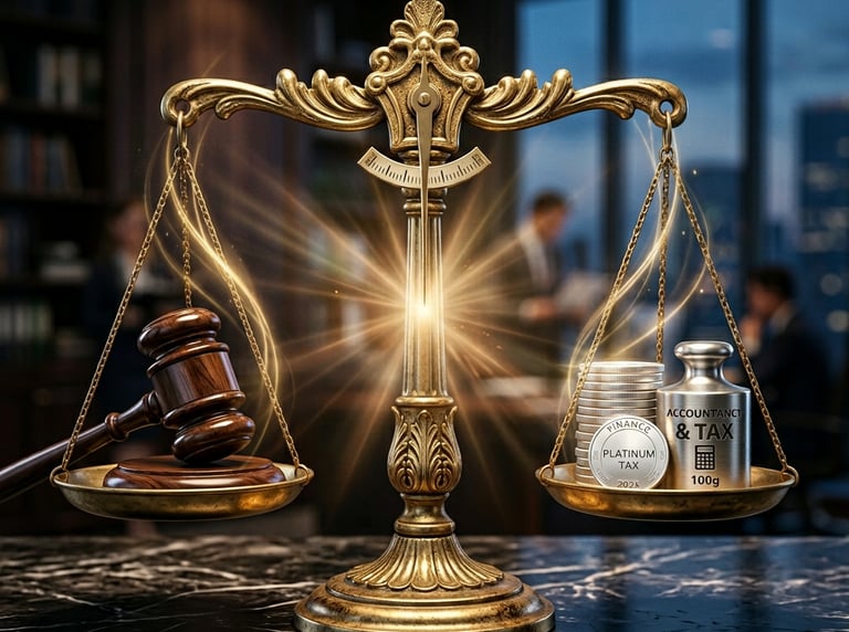 Scales balancing integrated litigation and tax advisory at Harsh Malik Law.