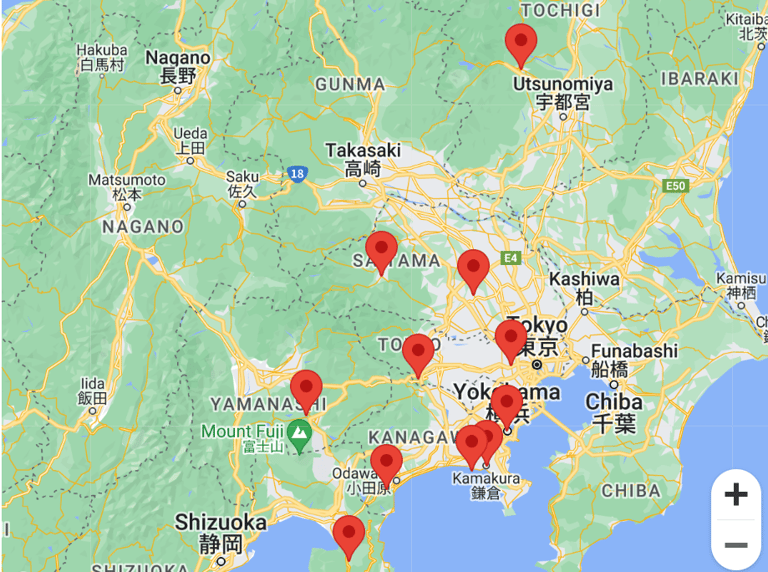 Map illustrating day trips from Tokyo