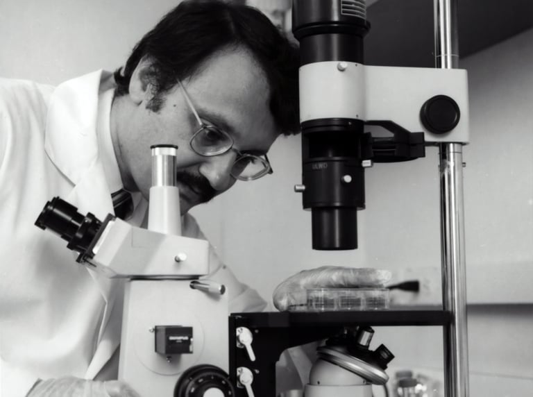 a man in a lab coat and glasses looking at a microscope study genetics