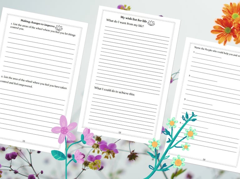 A series of pages from a mental health journal with a background image of flowers