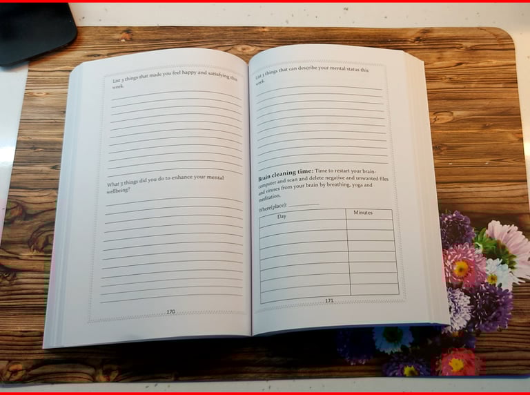 Two pages from a mental health journal with prompts